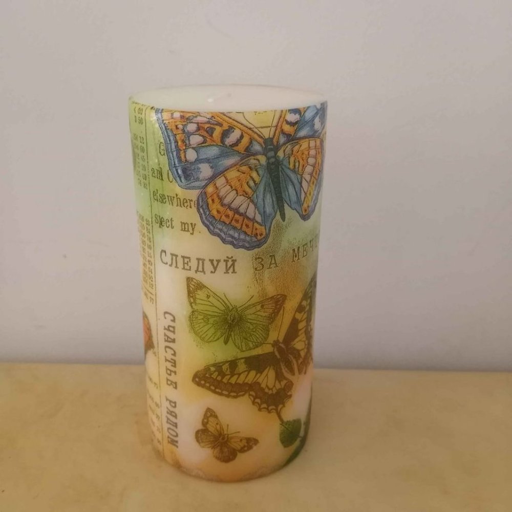 Tall Pillar Candle Newsprint Butterflies Decoupage Unscented